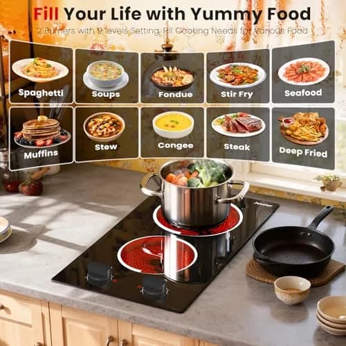 Jessier 2 Burner Electric Cooktop 220V Compatible 3000W | Tempered Glass Countertop or Built-in thumbnail 3