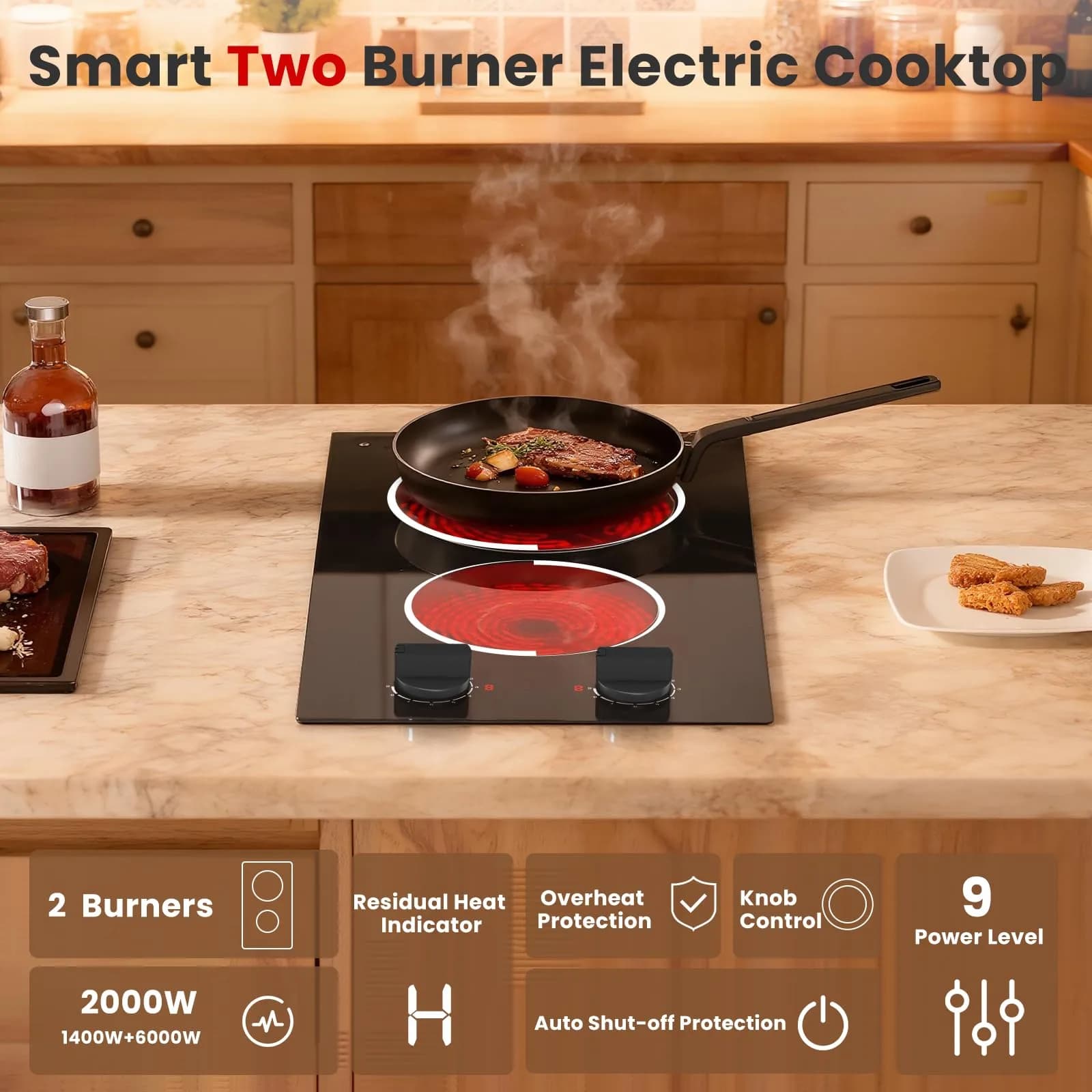 Jessier 2 Burner Electric Cooktop 2000W 110V with Black Knob - Countertop or Built-in - view 4