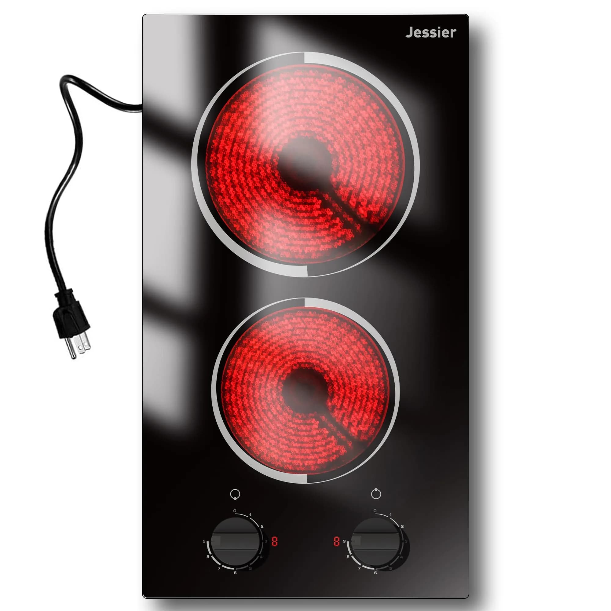 Jessier 2 Burner Electric Cooktop 2000W 110V | Countertop or Built-in with 9 Power Levels — Black Knob