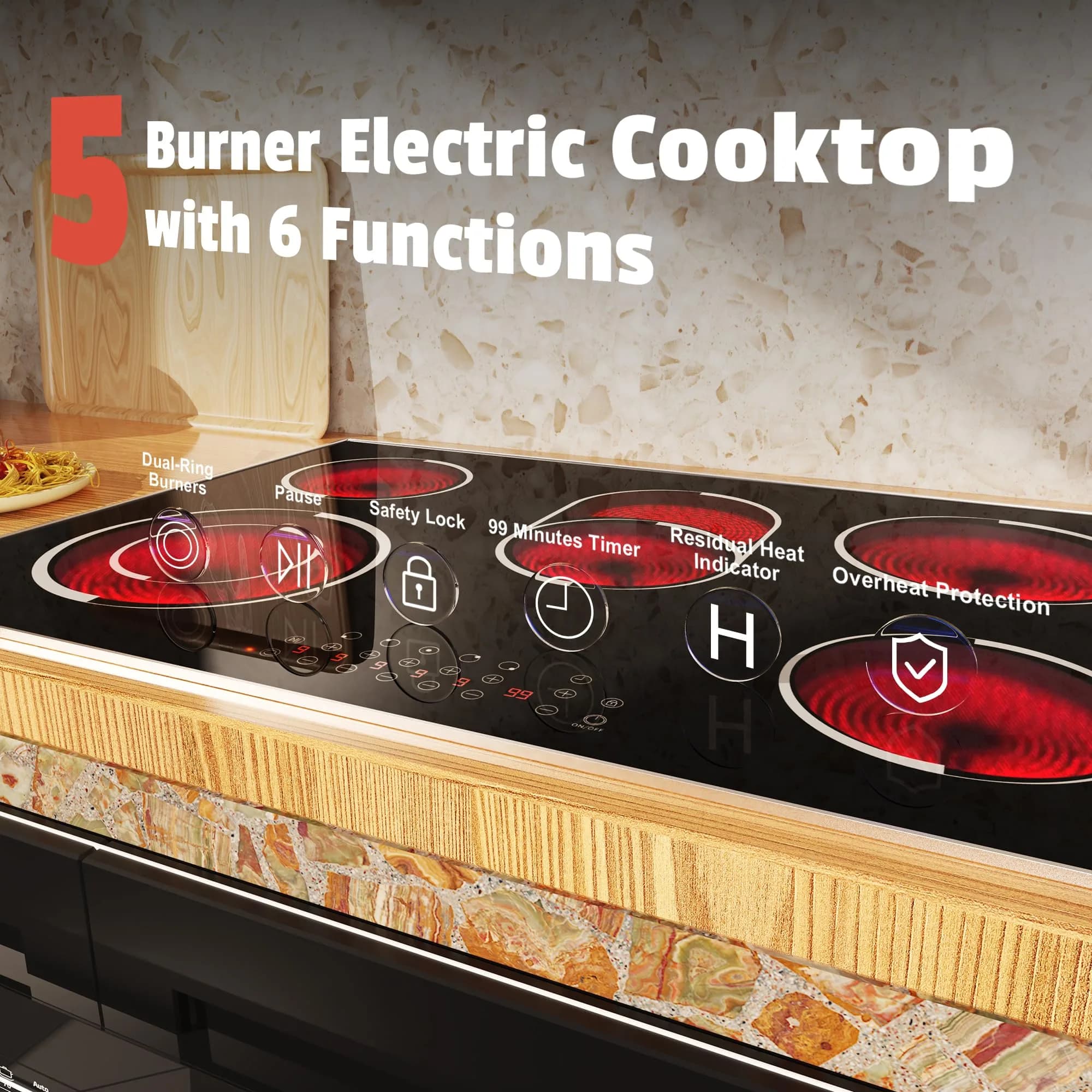 Jessier 30 Inch 8400W 5-Burner Electric Cooktop with Dual Ring & Timer | Built-in Ceramic Stovetop (29.13"x19.3" Cutout) - view 5