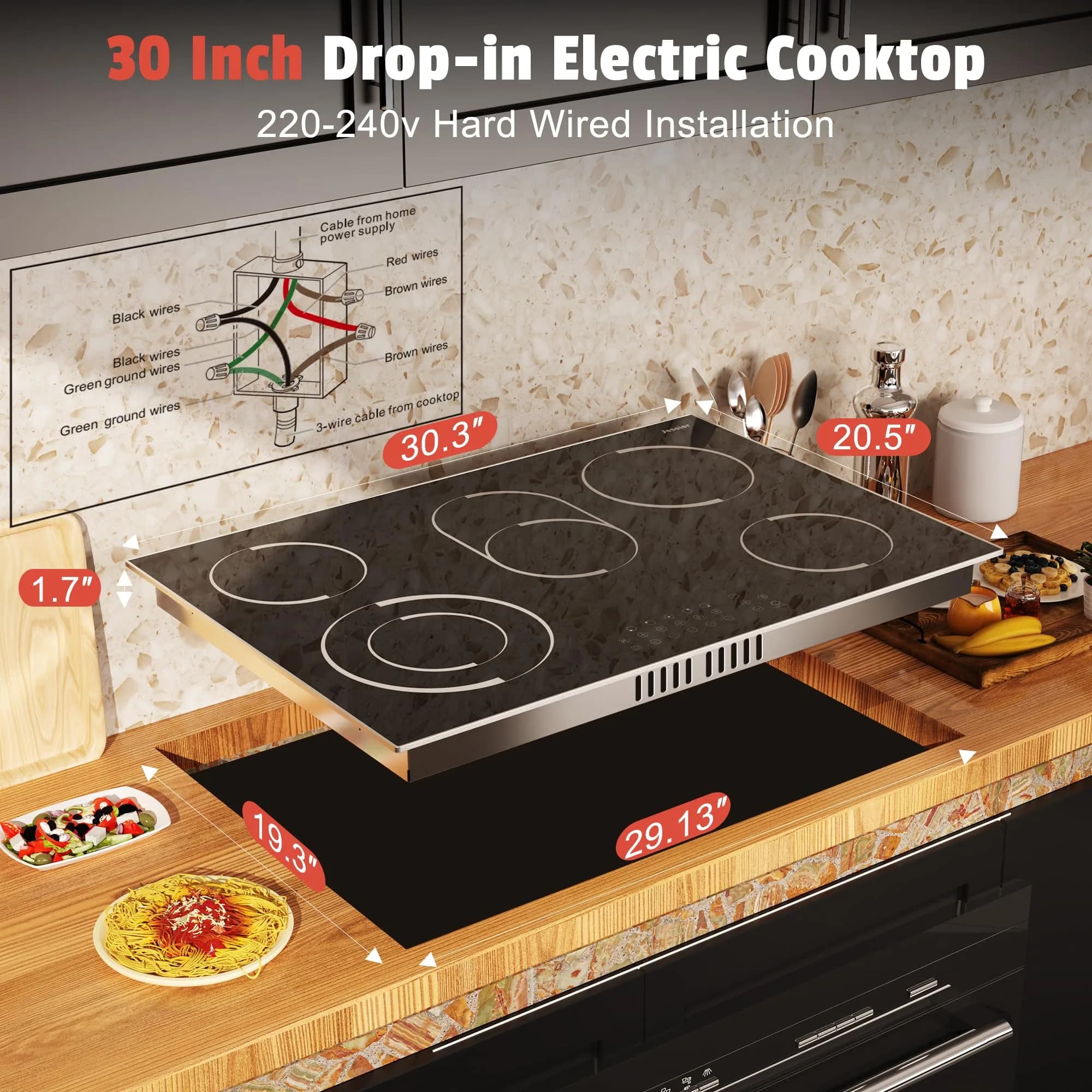 Jessier 30 Inch 8400W 5-Burner Electric Cooktop with Dual Ring & Timer | Built-in Ceramic Stovetop (29.13"x19.3" Cutout) - view 6