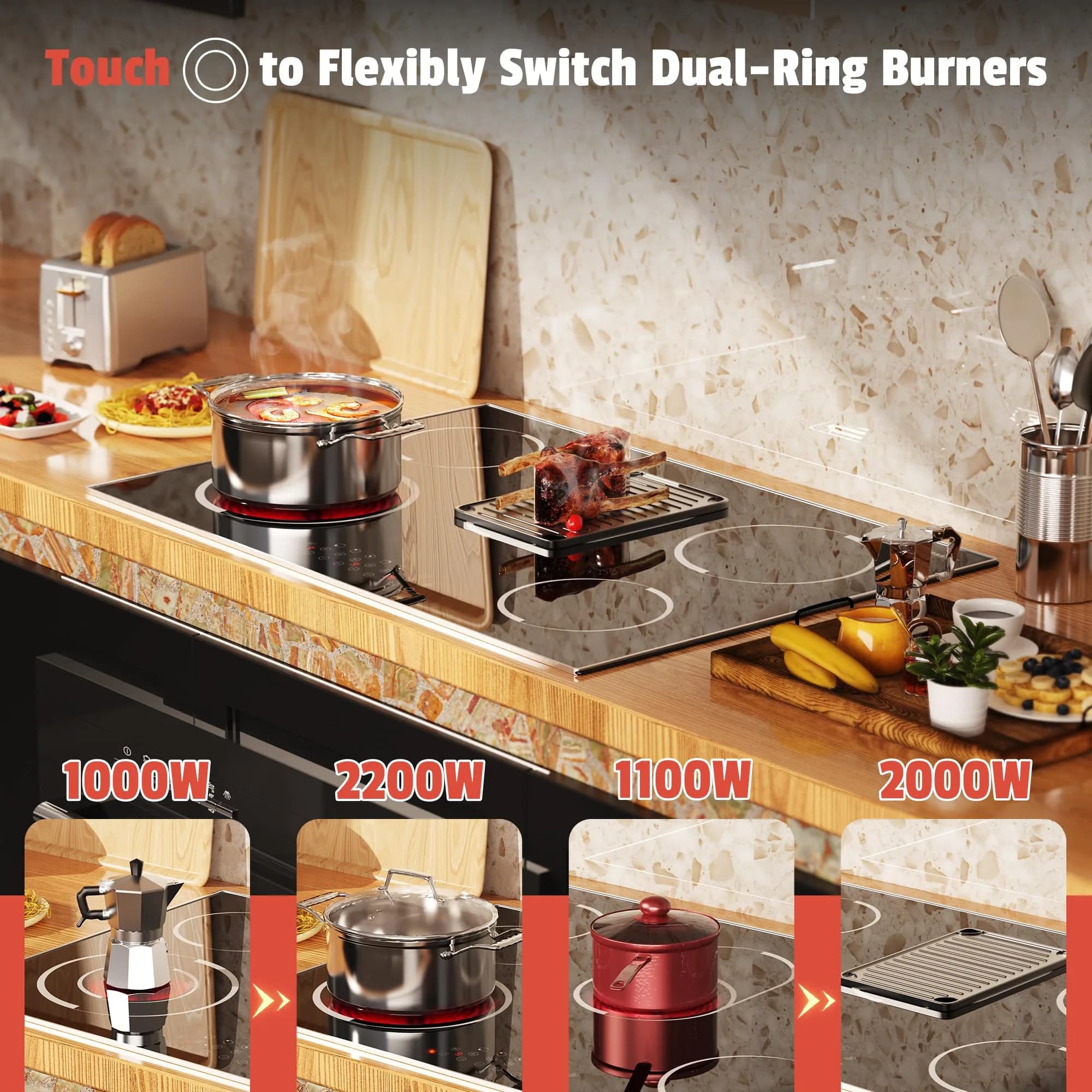 Jessier 30 Inch 8400W 5-Burner Electric Cooktop with Dual Ring & Timer | Built-in Ceramic Stovetop (29.13"x19.3" Cutout) - view 2