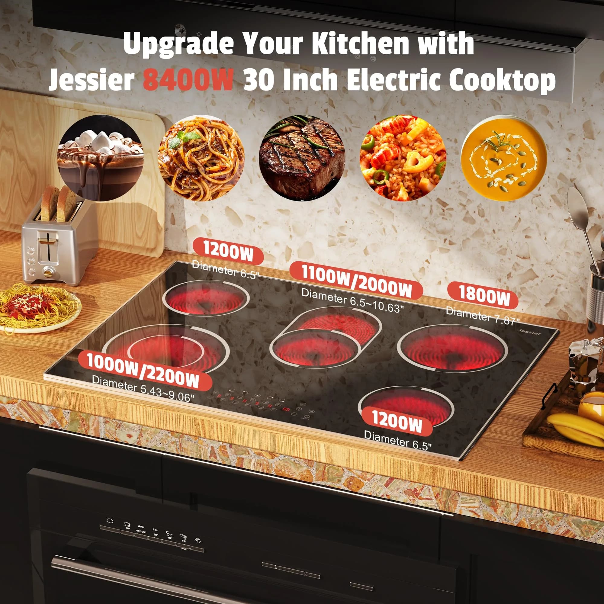 Jessier 30 Inch 8400W 5-Burner Electric Cooktop with Dual Ring & Timer | Built-in Ceramic Stovetop (29.13"x19.3" Cutout) - view 3