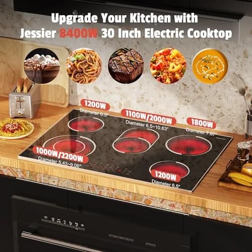 Jessier 30 Inch 8400W 5-Burner Electric Cooktop with Dual Ring & Timer | Built-in Ceramic Stovetop (29.13"x19.3" Cutout) thumbnail 3