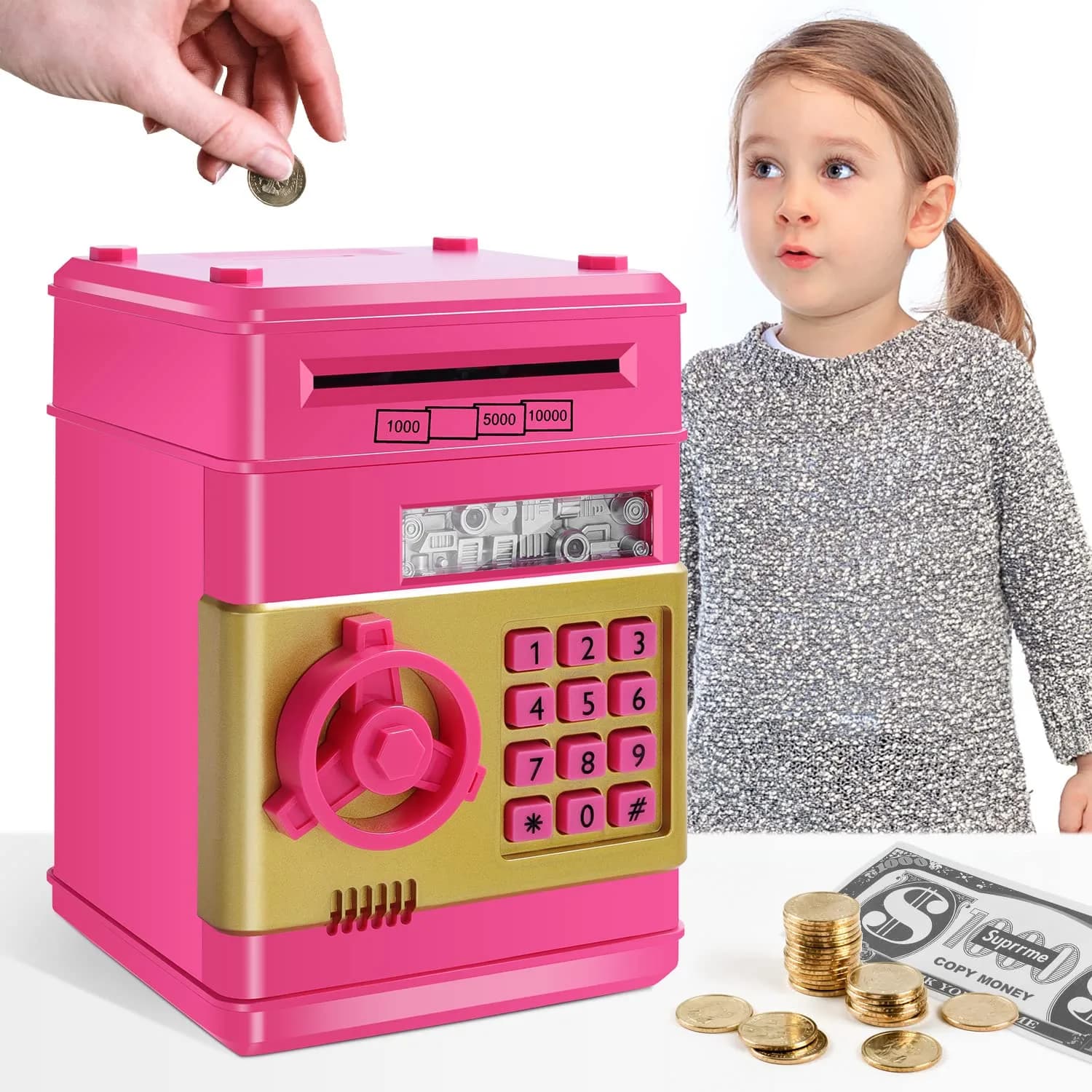 GuDoQi Electronic Piggy Bank for Kids 3-10 Years | Rose | 14.2cm (5.6in) x 20.6cm (8.1in) x 14.1cm (5.6in) - main product image