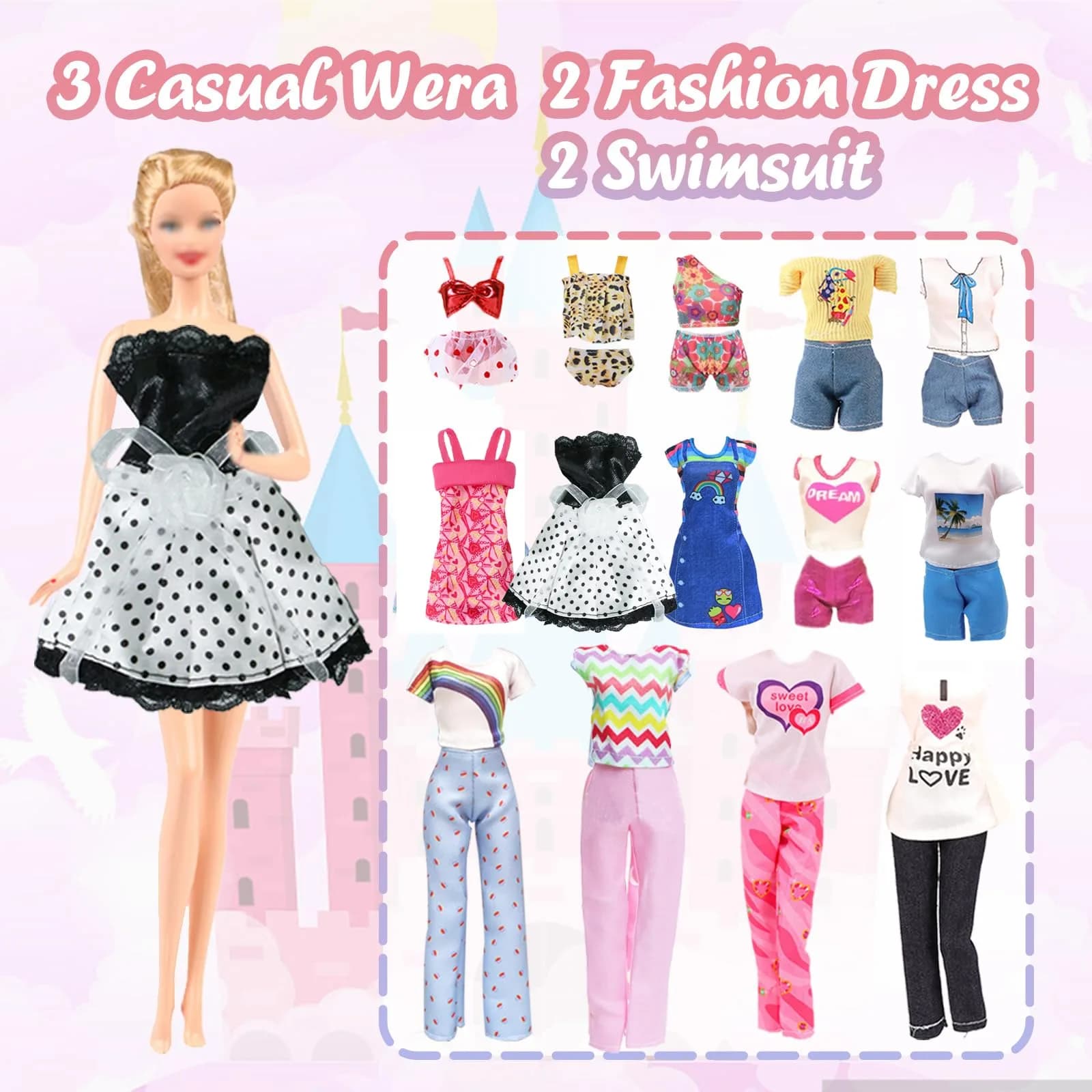 Carreuty 25-Piece Doll Clothes & Accessories Set for 11.5-inch Dolls | Hand-Woven Cotton Outfits & Plastic Accessories - view 5