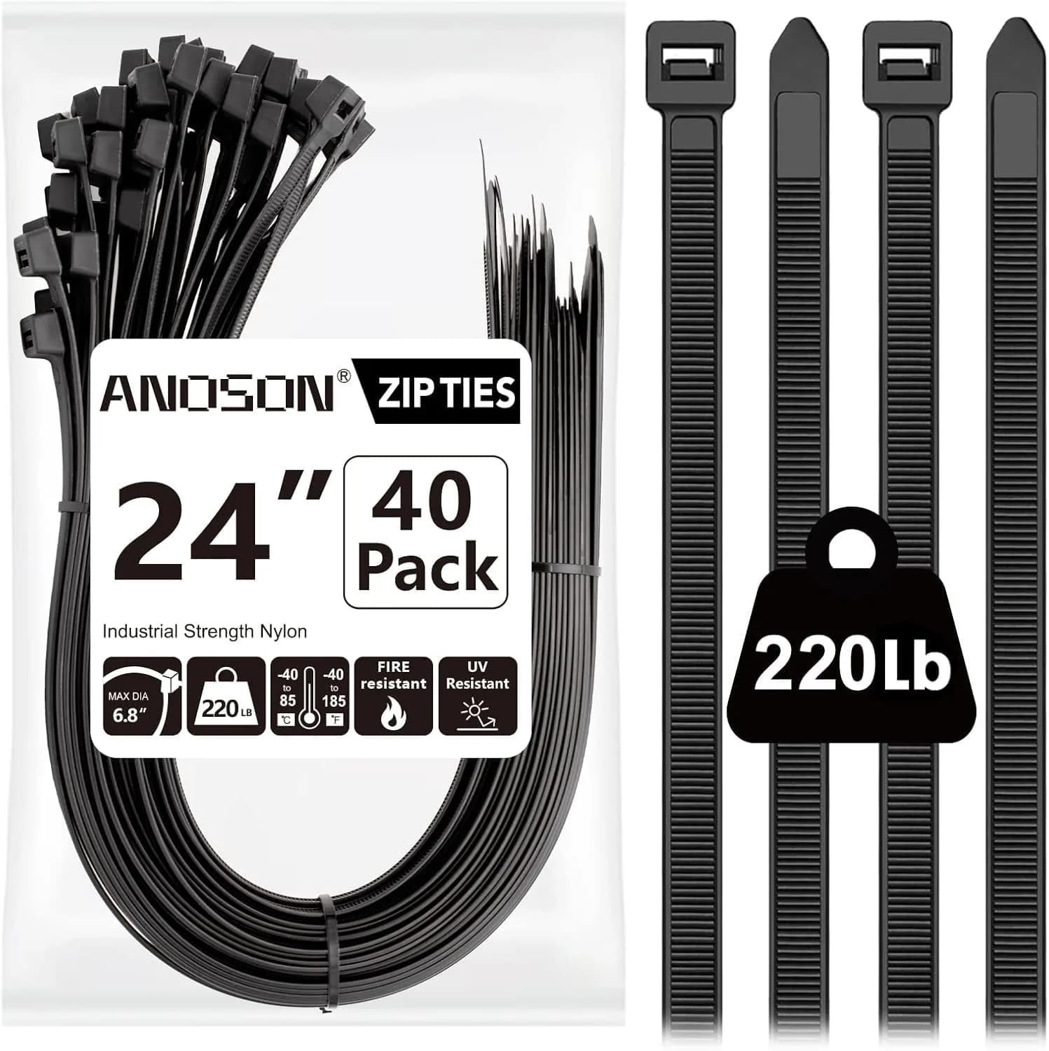 ANOSON Heavy Duty Zip Ties 24 inch | 220 lb Tensile Strength, 40 Pack, Black