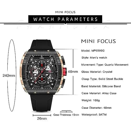 MF MINI FOCUS Men's Tonneau Chronograph Watch 42mm (1.65in) | Luminous Dial & Date thumbnail 6