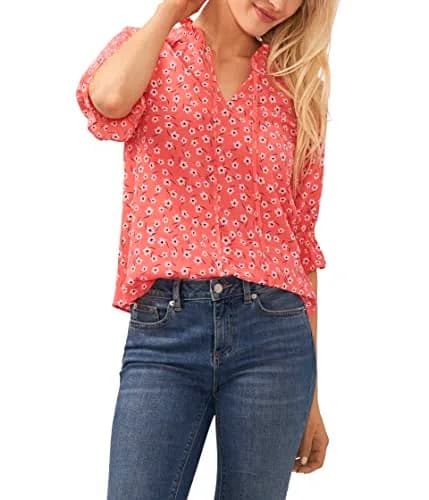 CeCe Elbow Sleeve Split Neck Top Calypso Coral | Flattering V-Neck, Soft Polyester Blend, Casual Fit thumbnail 1