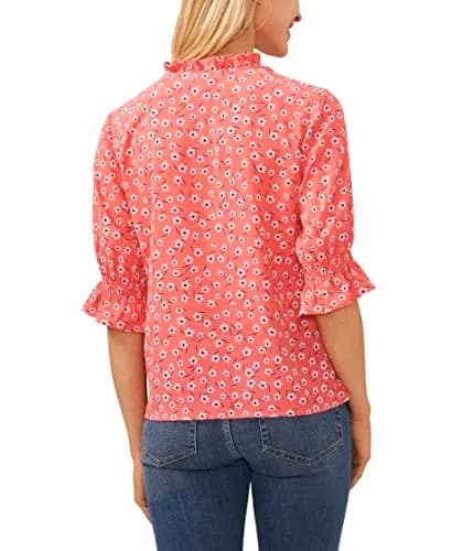 CeCe Elbow Sleeve Split Neck Top Calypso Coral | Flattering V-Neck, Soft Polyester Blend, Regular Fit thumbnail 2