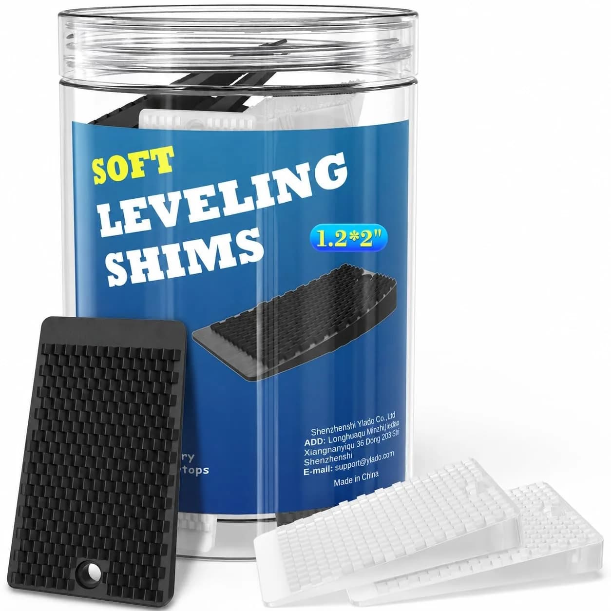 YARKOR Black & Clear Furniture Levelers 32-Piece Jar (2" Wedge Shims) | Non-Slip Rubber for Tables, Toilets, Beds & Couches — Black&Clear