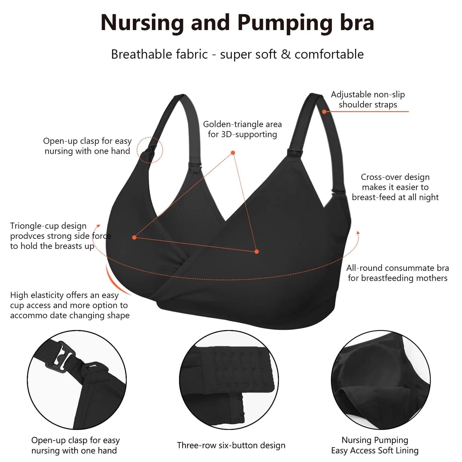 4HOW Hands-Free Breast Pump Bra for Nursing & Maternity, Black, Large | Effortless Pumping & Nursing Bra - view 4