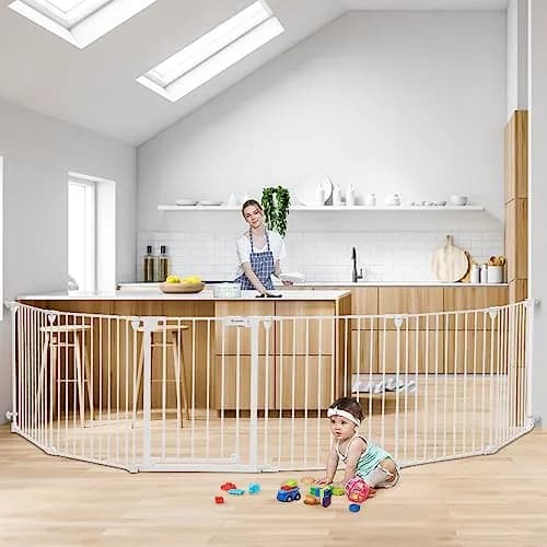 COMOMY Baby Gate Extra Wide 150" | Versatile Indoor & Outdoor Barrier (30" Tall, White) thumbnail 1