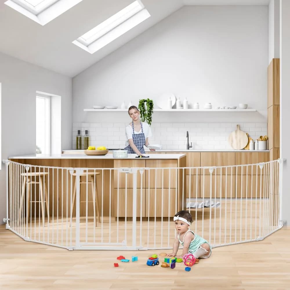 COMOMY Baby Gate Extra Wide 150" | Versatile Indoor & Outdoor Barrier (30" Tall, White)