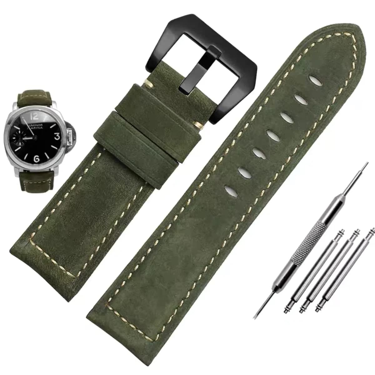Niziruoup 24mm Leather Watch Band Vintage Genuine Leather Compatible with Panerai Men — Green(Black Buckle)