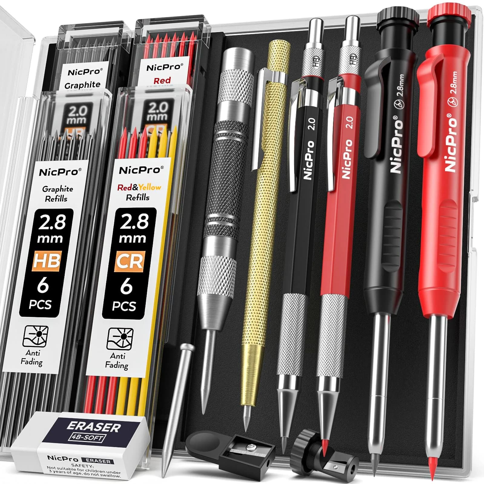 Nicpro 11 Pack Carpenter Pencils with Sharpener & Leads | 2.0mm & 2.8mm Line Sizes - main product image