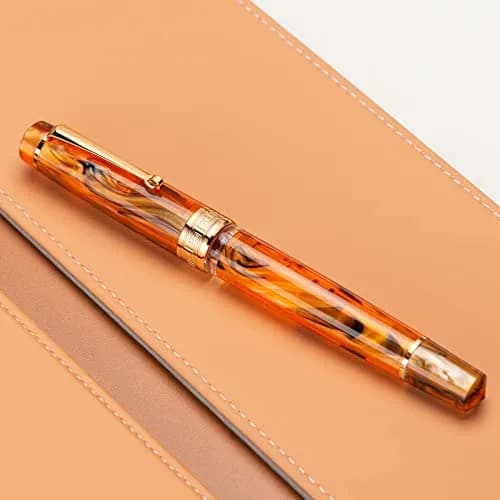 Asvine P20 Piston Fountain Pen Amber Resin Medium Nib Gold Trim | Smooth Writer Collection with Case Set thumbnail 4