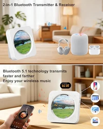 MICOCIOUS Bluetooth CD Player with Speakers 16.7cm (6.57in) White | Desktop Kpop Music Player with FM Radio, AUX, USB, TF Card thumbnail 4