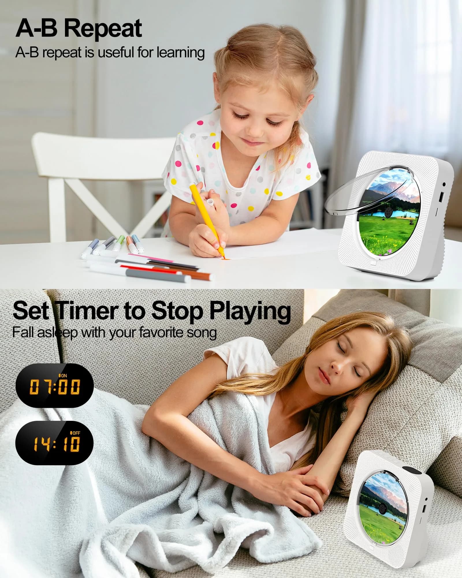 MICOCIOUS Bluetooth CD Player with Speakers 16.7cm (6.57in) White | Desktop Kpop Music Player with FM Radio, AUX, USB, TF Card - view 6