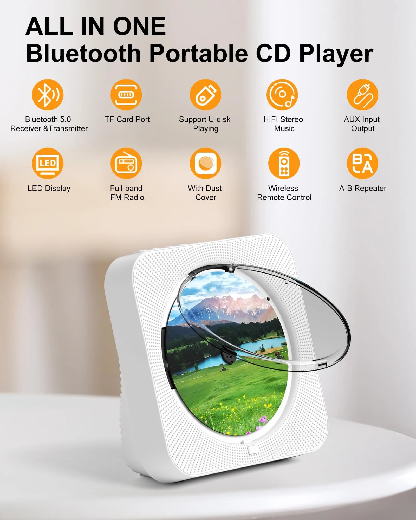 MICOCIOUS Bluetooth CD Player with Speakers 16.7cm (6.57in) White | Desktop Kpop Music Player with FM Radio, AUX, USB, TF Card - view 2