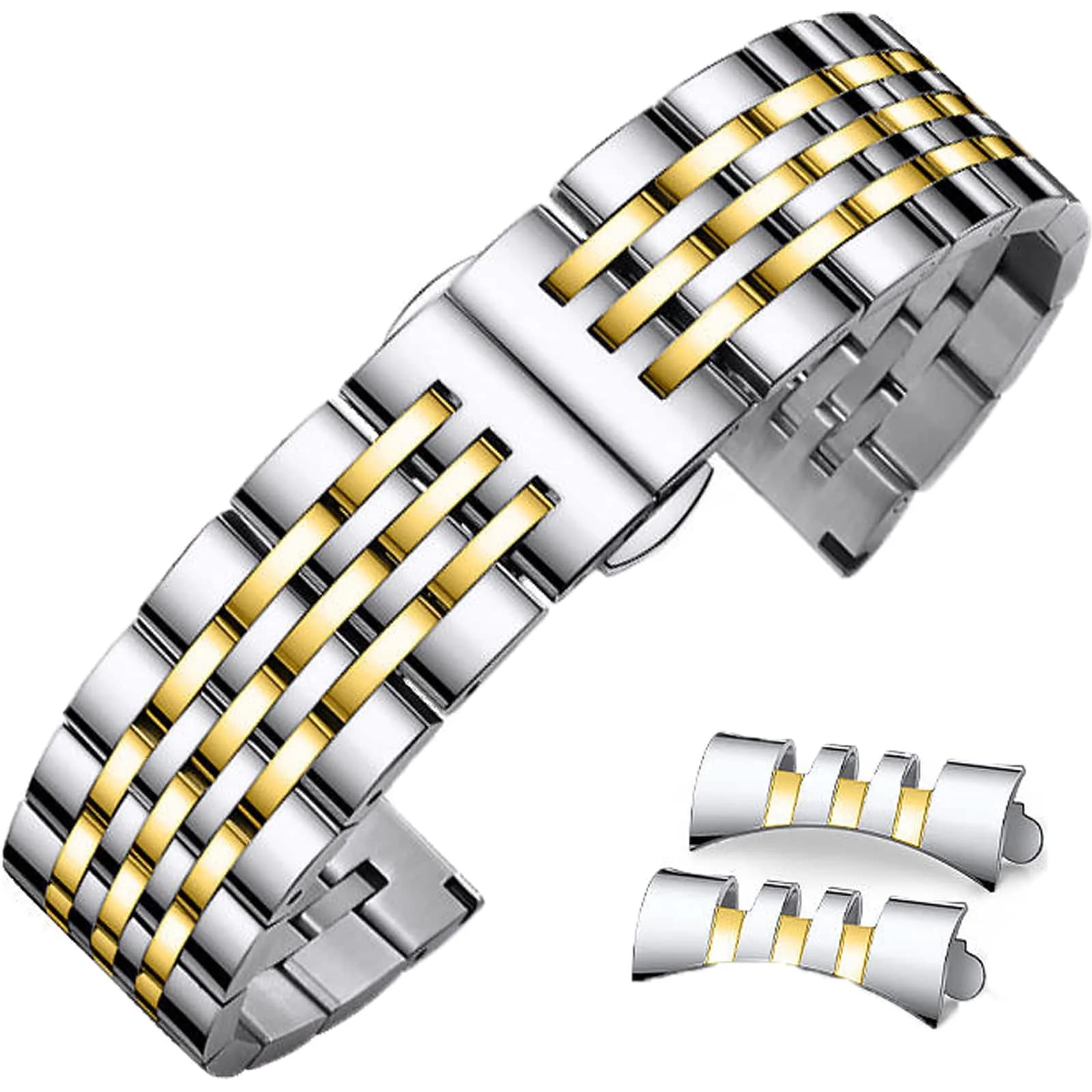 Niziruoup 19mm Stainless Steel Watch Band Two-Tone Silver Gold | Adjustable Metal Bracelet Strap for Smartwatches & Traditional Watches — Two-Tone Silvergold