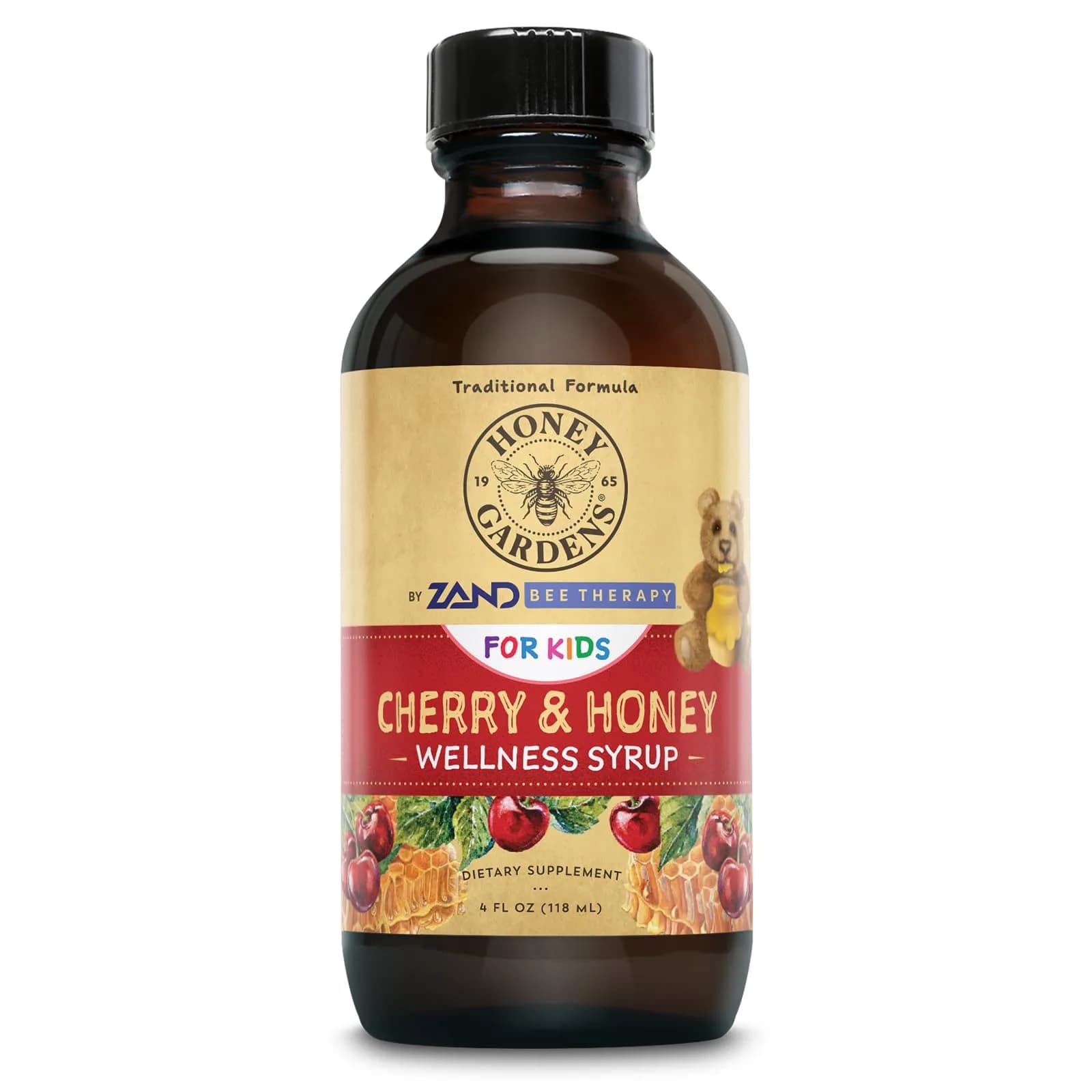 ZAND Honey Gardens Kids Cherry & Honey Throat Syrup | Herbal Raw Honey Formula for Kids, 24 Servings, 4 FL Oz — No Color