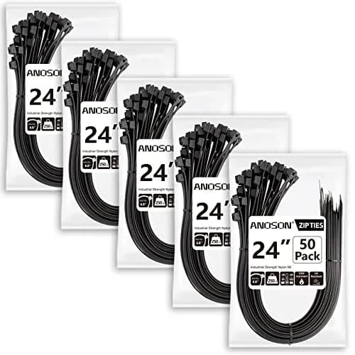 ANOSON Heavy Duty Cable Ties 24 inch | 220 lb Tensile Strength, 250 Pack, Black thumbnail 1
