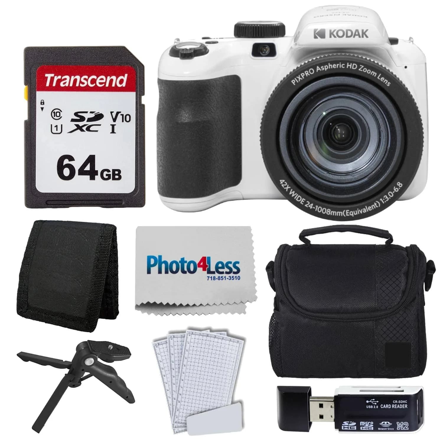 Kodak PIXPRO AZ425 Digital Camera with 42x Optical Zoom, 20MP CCD Sensor, 64GB Card & Accessories (White) - main product image