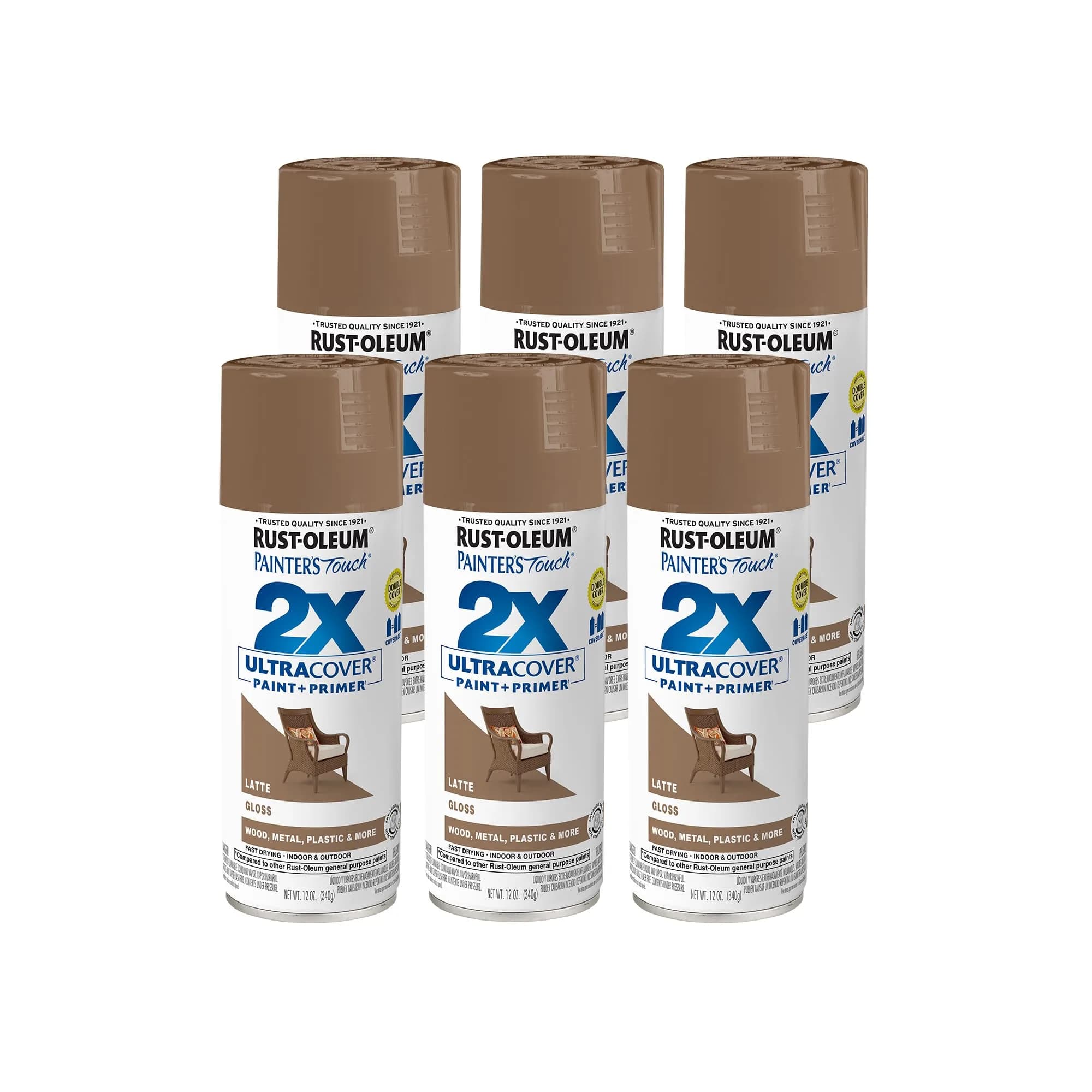 Rust-Oleum Painter's Touch 2X Satin Spray Paint, Gloss Latte, 12 Oz (Pack of 6) - main product image