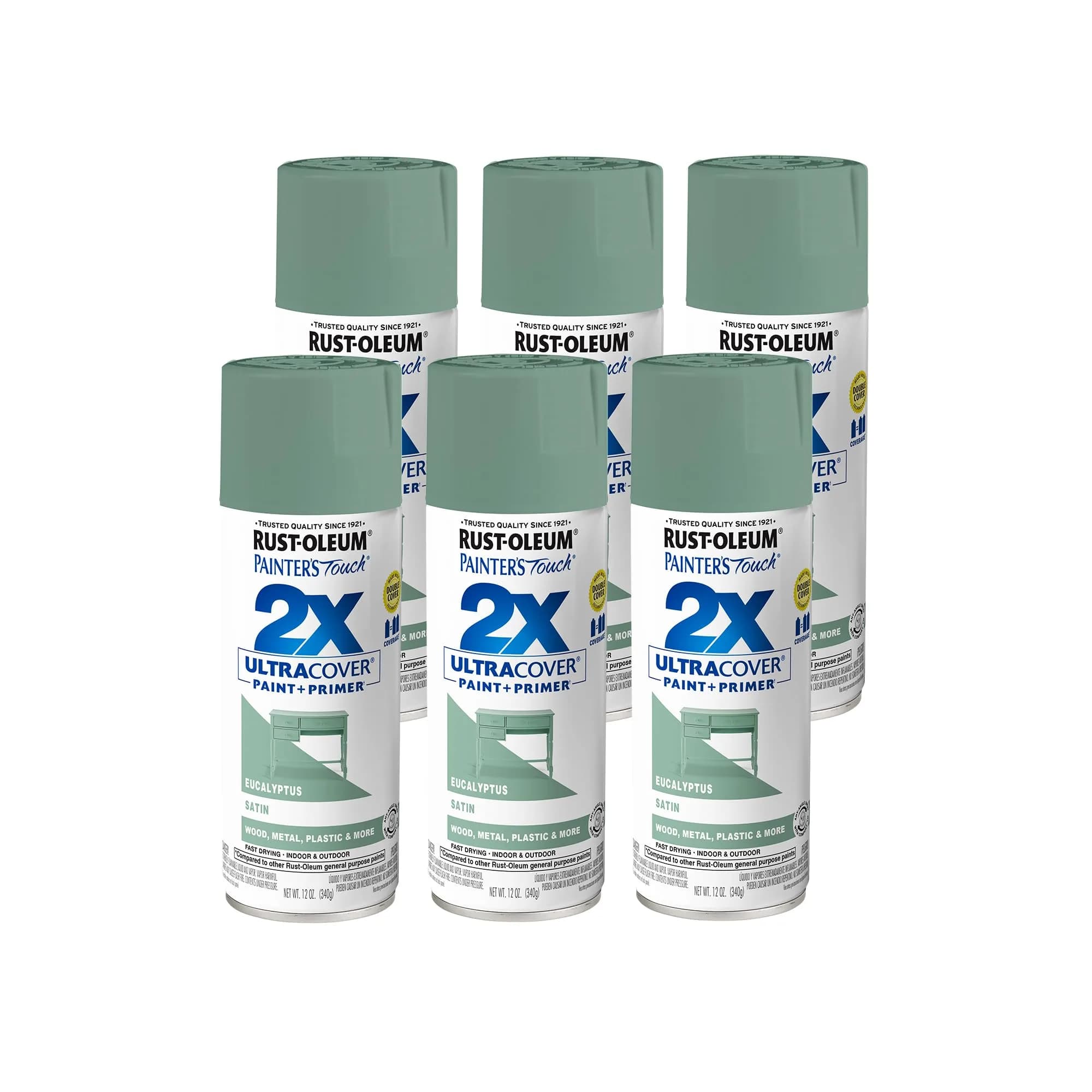 Rust-Oleum Painter's Touch 2X Satin Eucalyptus Spray Paint, 12 Oz (Pack of 6) - main product image
