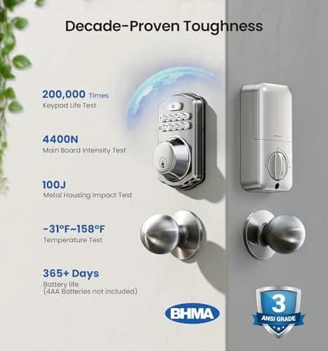 Veise KS01C Keyless Entry Deadbolt Door Lock with Knobs, Satin Nickel | ANSI/BHMA Grade 3 Certified, 20 User Codes + Keys thumbnail 5