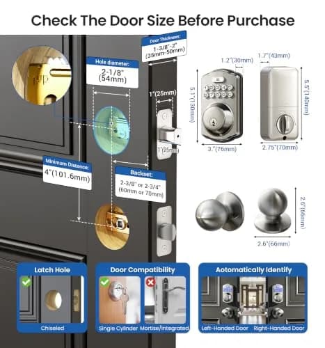 Veise KS01C Keyless Entry Deadbolt Door Lock with Knobs, Satin Nickel | ANSI/BHMA Grade 3 Certified, 20 User Codes + Keys thumbnail 6