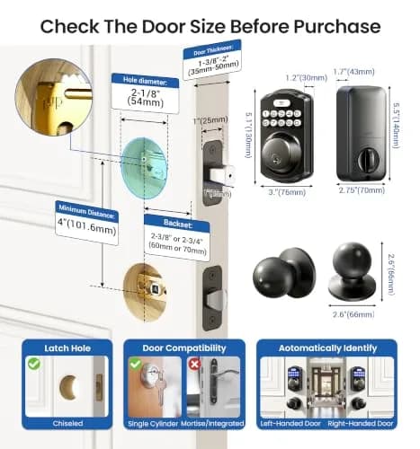 Veise KS01C Keyless Entry Deadbolt Door Lock with Knobs, Matte Black | 20 User Codes, Auto Lock, IP54 Weatherproof thumbnail 6