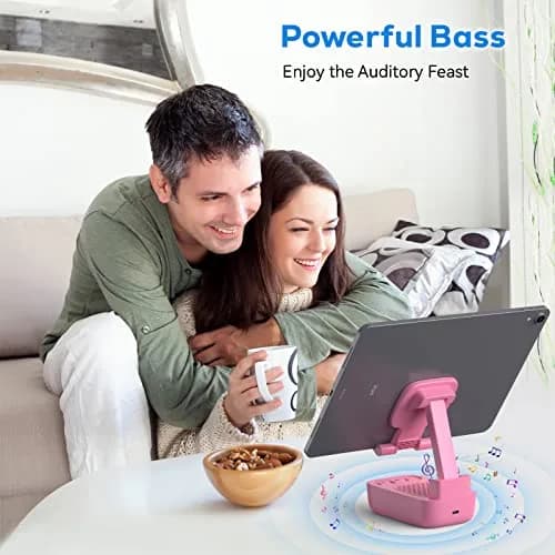 comiso Phone Stand with Bluetooth Speaker, Pink | HD Stereo, Adjustable & Portable (70-120c) thumbnail 4