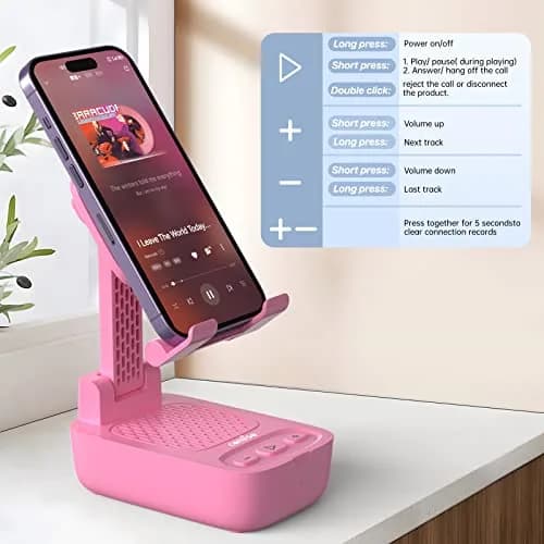 comiso Phone Stand with Bluetooth Speaker, Pink | HD Stereo, Adjustable & Portable (70-120c) thumbnail 5