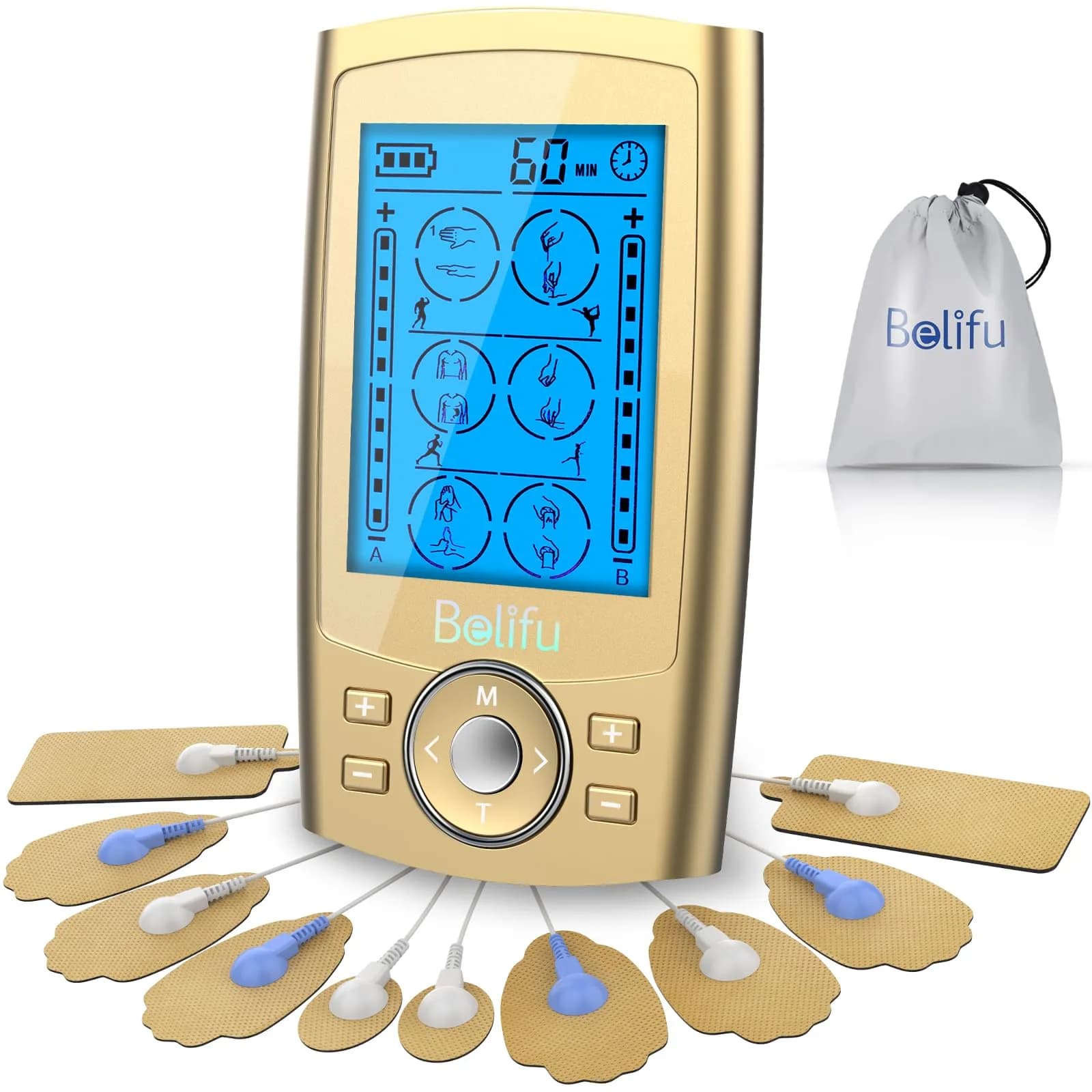 Belifu Dual Channel TENS EMS Unit 24 Modes Muscle Stimulator with 10 Pads | Pain Relief Therapy — Gold