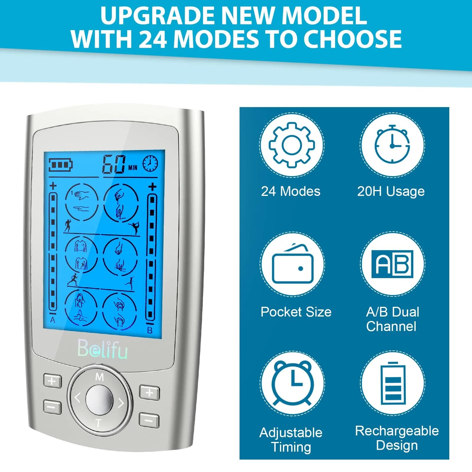 Belifu Dual Channel TENS EMS Unit 24 Modes Muscle Stimulator 120g (4.2oz) | Pain Relief Therapy for Home Use thumbnail 4