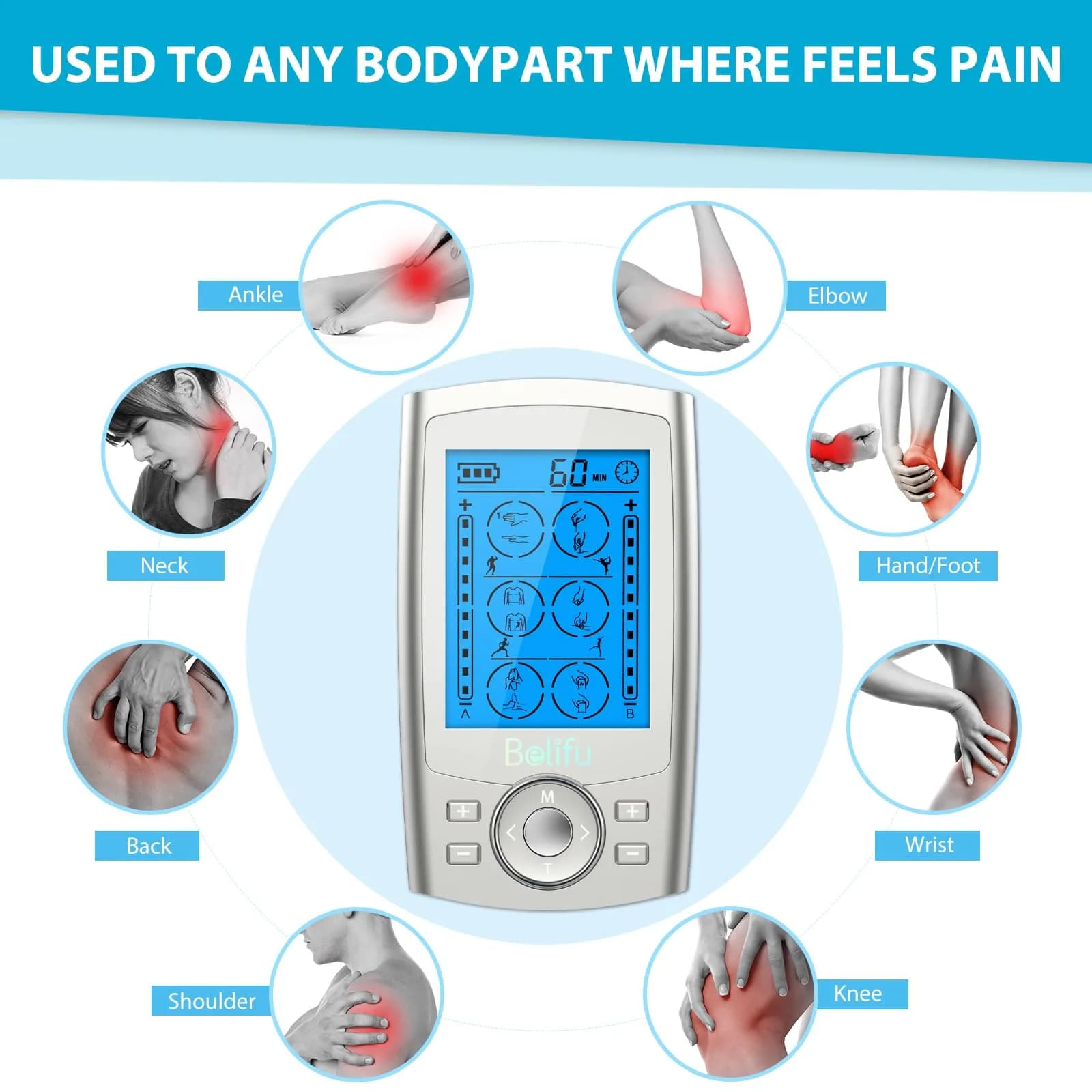 Belifu Dual Channel TENS EMS Unit 24 Modes Muscle Stimulator 120g (4.2oz) | Pain Relief Therapy for Home Use thumbnail 3