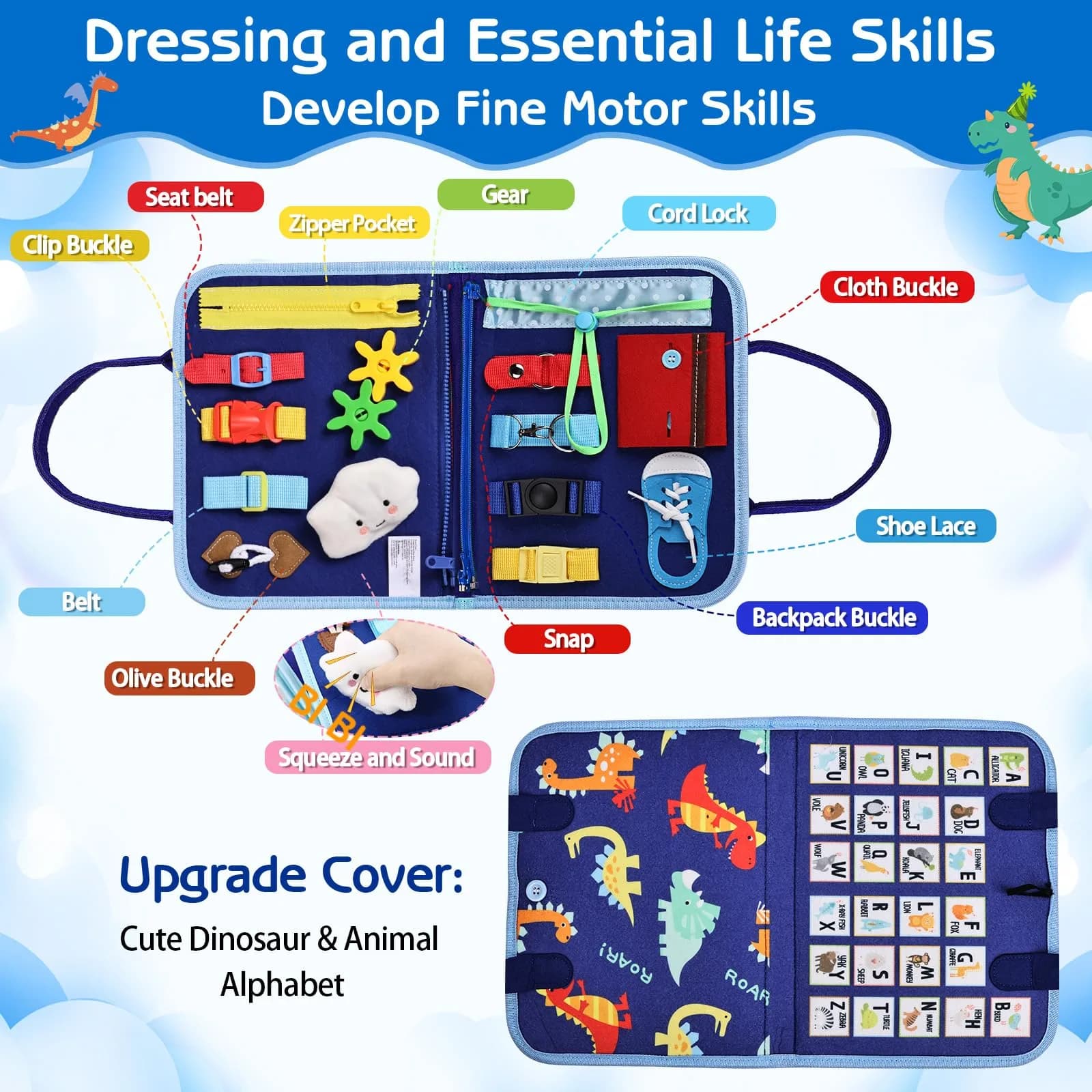 Esjay Blue Dinosaur Toddler Busy Board Montessori Toys for Boys, 8-Page Sensory Book with Fine Motor Skill Activities - view 2