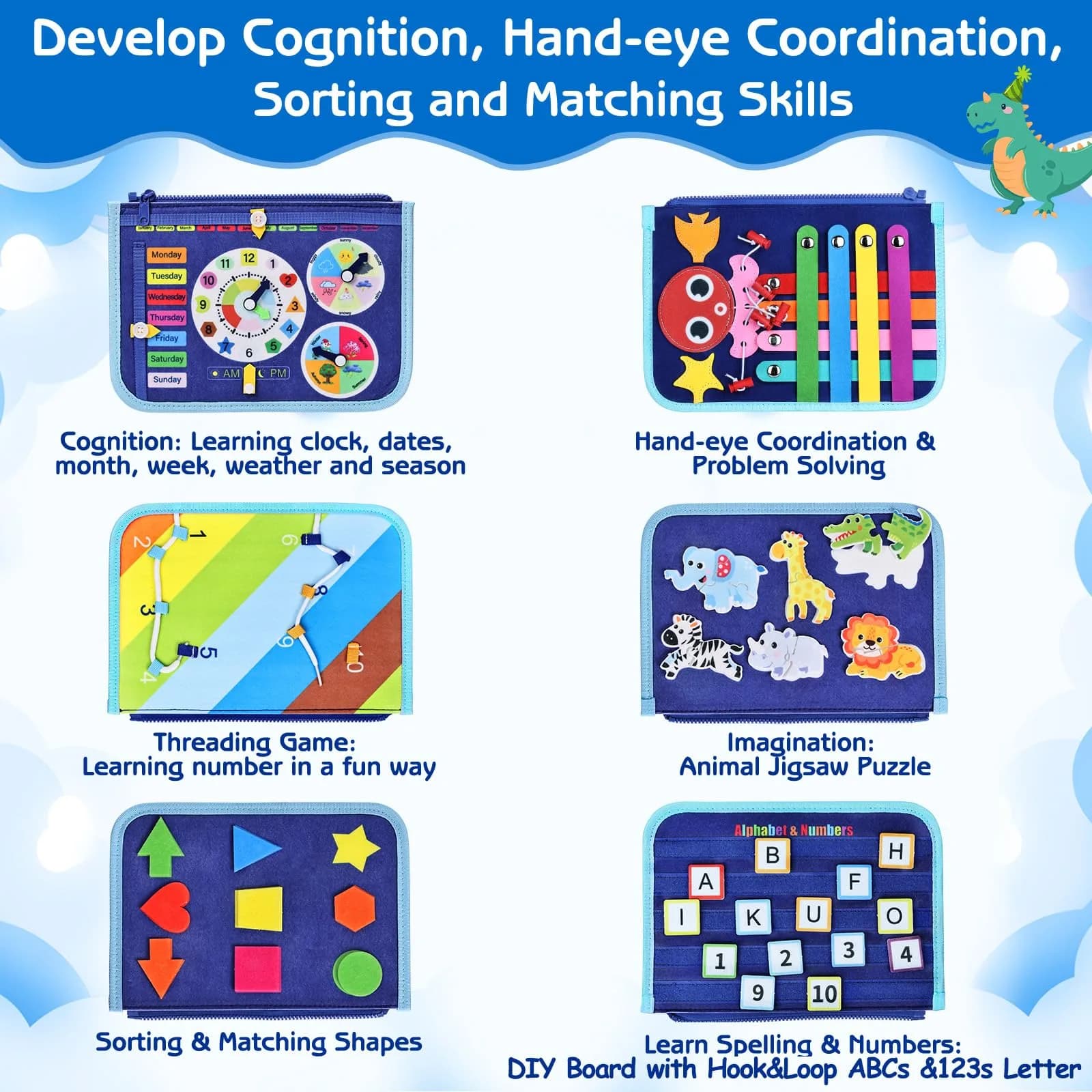 Esjay Blue Dinosaur Toddler Busy Board Montessori Toys for Boys, 8-Page Sensory Book with Fine Motor Skill Activities - view 3