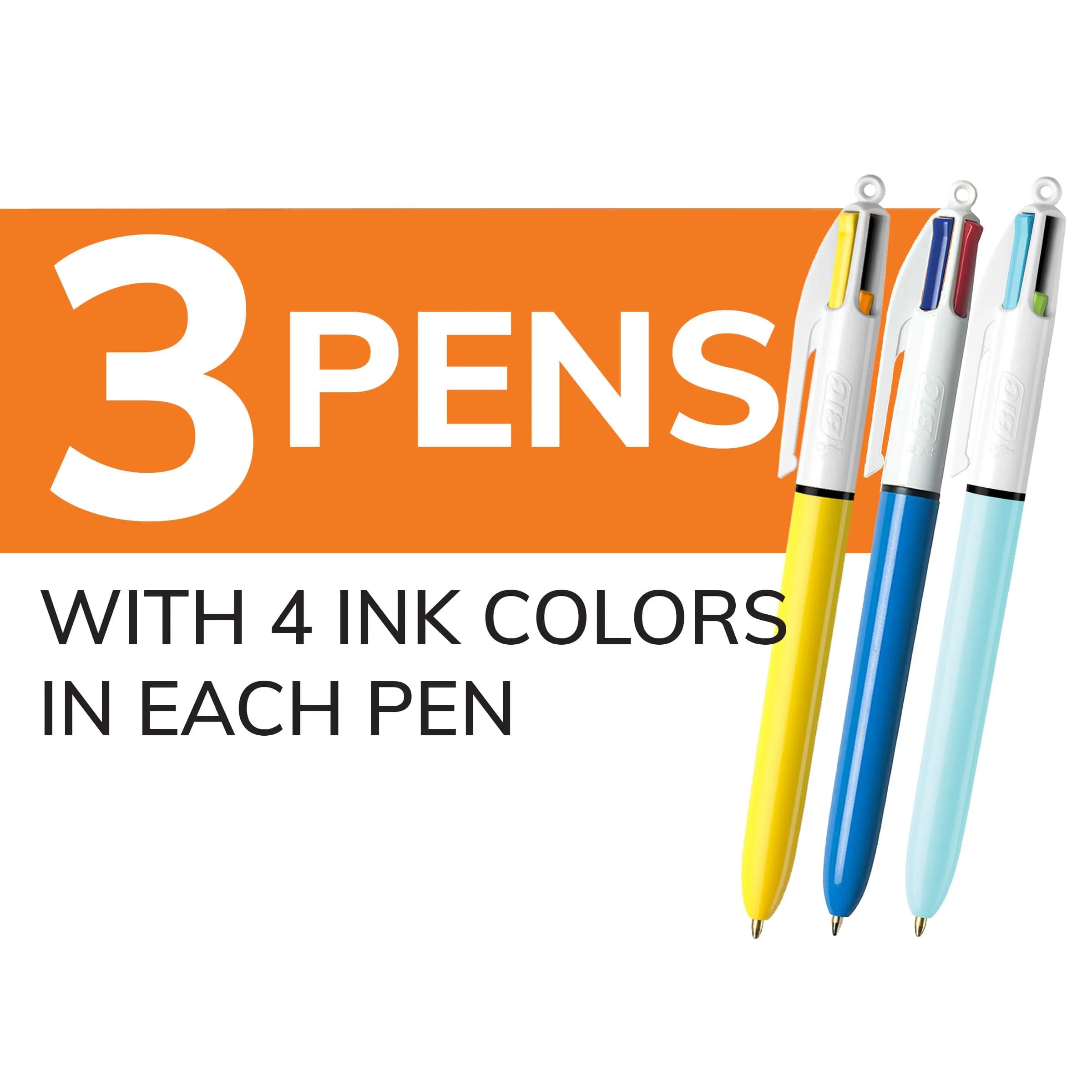BIC 4 Color Retractable Ballpoint Pen, Assorted Barrels, 1.0 mm Medium Point, 3-Count Pack - view 2