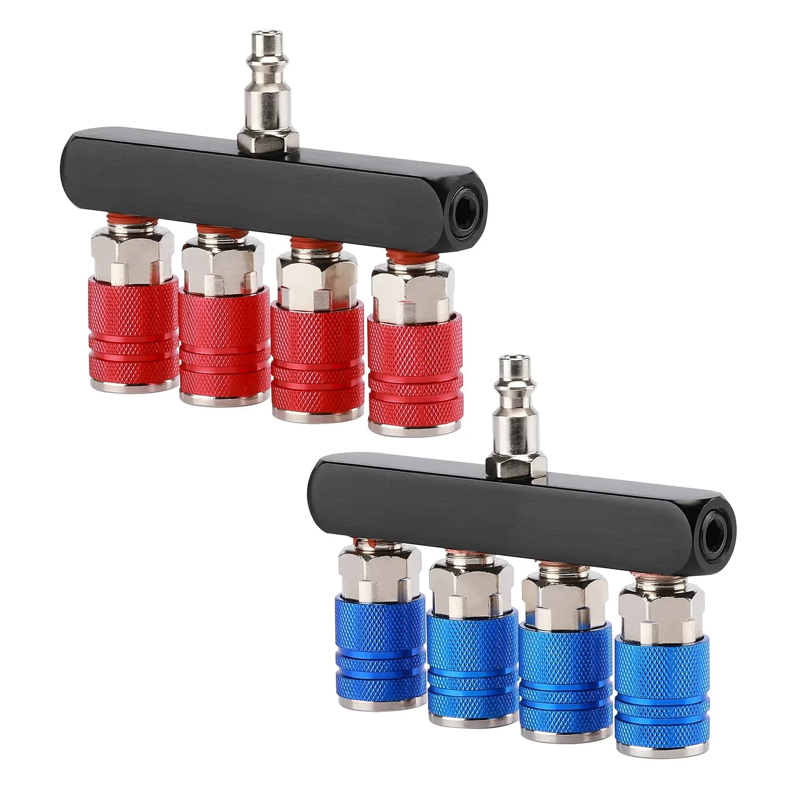 AIRTOON 2PCS 4-Way Straight Air Manifold Splitter with 4 Couplers & 1/4" MNPT Plug | Aluminum & Brass Fittings — Red and Blue (2PCS)