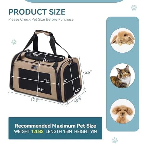 Petsfit Pet Carrier for Cat, Small Dogs, Khaki | Airline & TSA Approved Travel Carrier for Pets Under 12 Lbs thumbnail 5