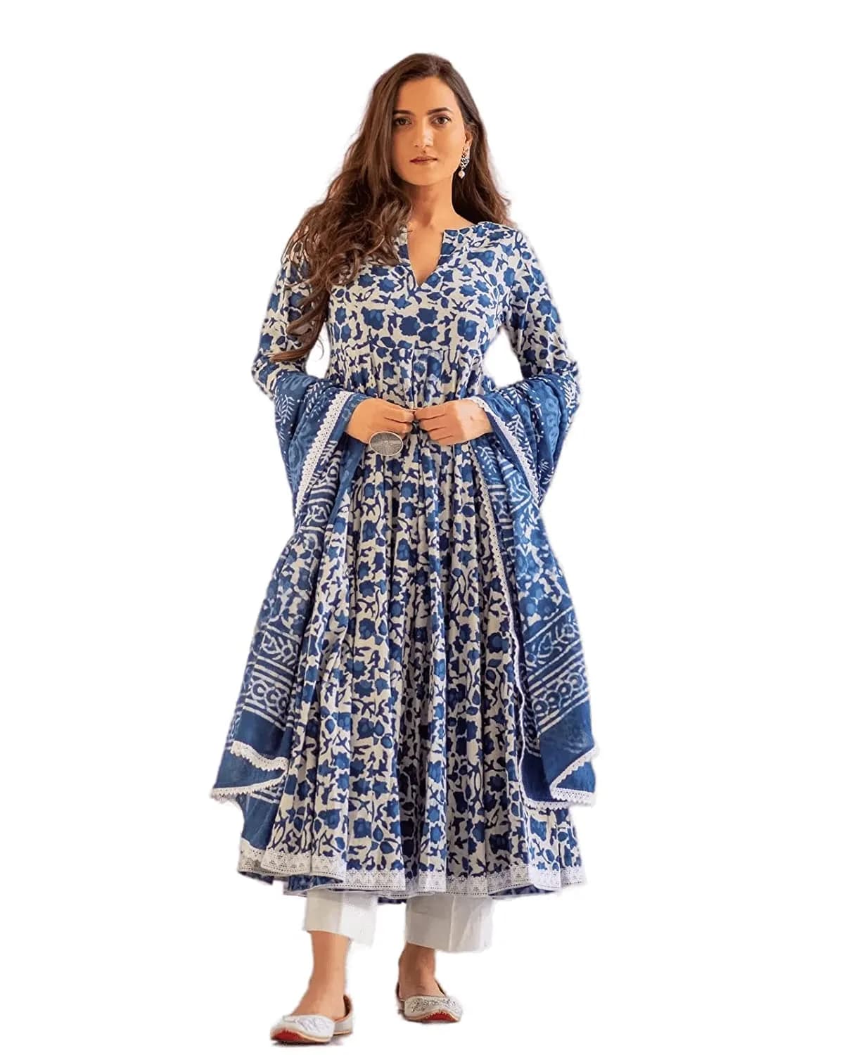 Meera Fab Women's Cotton Printed Anarkali Kurta With Palazzo & Dupatta Set Small Blue | Floral Print 3-Piece Set