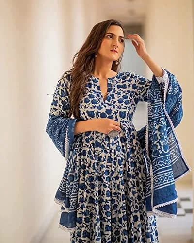 Meera Fab Women's Cotton Printed Anarkali Kurta With Palazzo & Dupatta Set Small Blue | Floral Print 3-Piece Set thumbnail 4