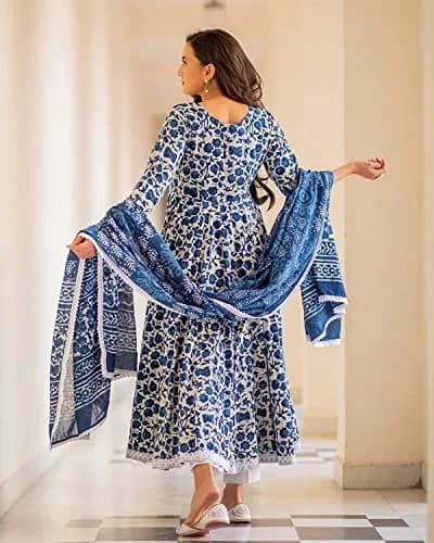 Meera Fab Women's Cotton Printed Anarkali Kurta With Palazzo & Dupatta Set Small Blue | Floral Print 3-Piece Set thumbnail 5
