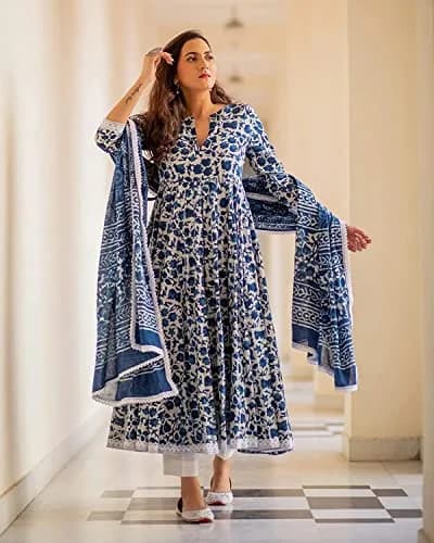 Meera Fab Women's Cotton Printed Anarkali Kurta With Palazzo & Dupatta Set Small Blue | Floral Print 3-Piece Set thumbnail 2