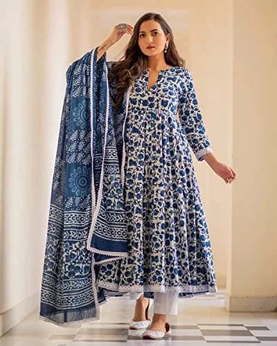 Meera Fab Women's Cotton Printed Anarkali Kurta With Palazzo & Dupatta Set Small Blue | Floral Print 3-Piece Set thumbnail 3