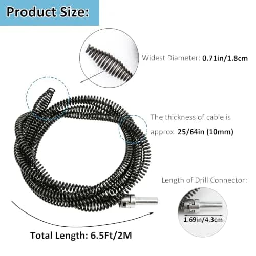 AZH Heavy-Duty Drain Auger Snake Cable with Drill Adapter 2m (6.5ft) | Professional Plumbing Clog Remover thumbnail 3