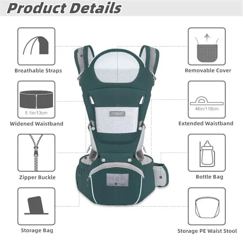 YSSKTC Ergonomic Baby Carrier Hip Seat for 7-33lbs | Dark Green Cotton Mesh thumbnail 2